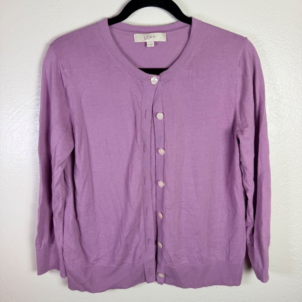 Loft Women's M Lavender 100% Cotton Button Cardigan Soft Clean Classic Layering